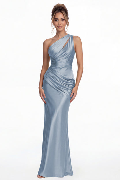 Dusty Blue One Shoulder Ruched Satin Mermaid Maxi Gown - Front View
