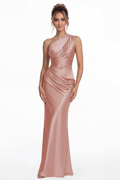 Dusty Rose One Shoulder Ruched Satin Mermaid Maxi Gown - Front View