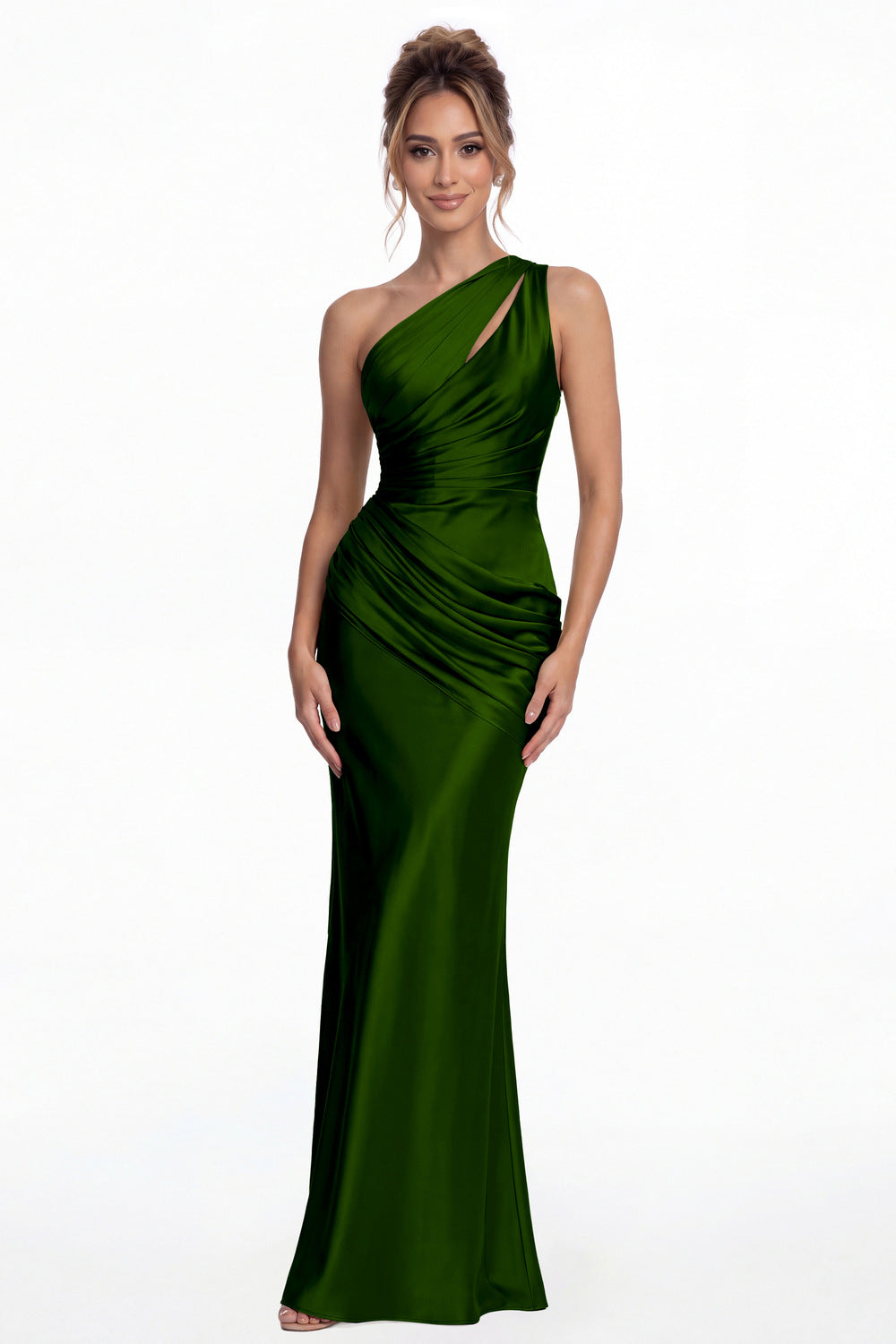 Emerald Green One Shoulder Ruched Satin Mermaid Maxi Gown - Front View