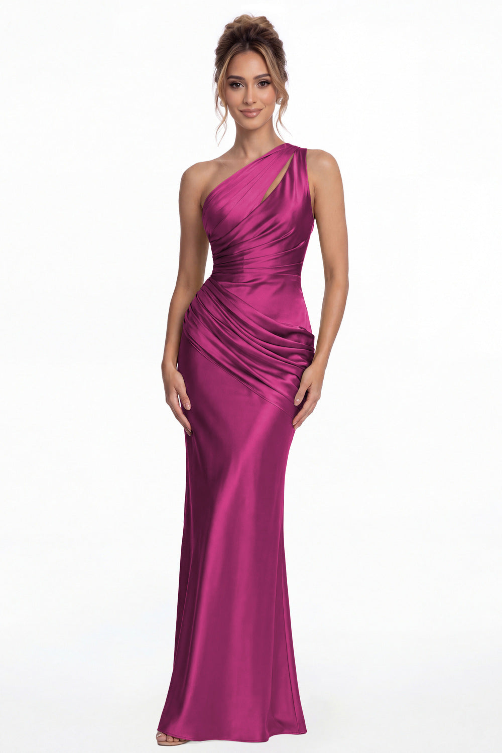 Fuchsia One Shoulder Ruched Satin Mermaid Maxi Gown - Front View