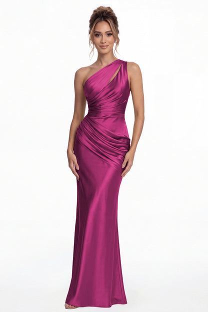 Fuchsia One Shoulder Ruched Satin Mermaid Maxi Gown - Front View