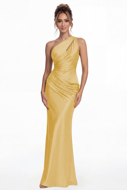 Gold One Shoulder Ruched Satin Mermaid Maxi Gown - Front View