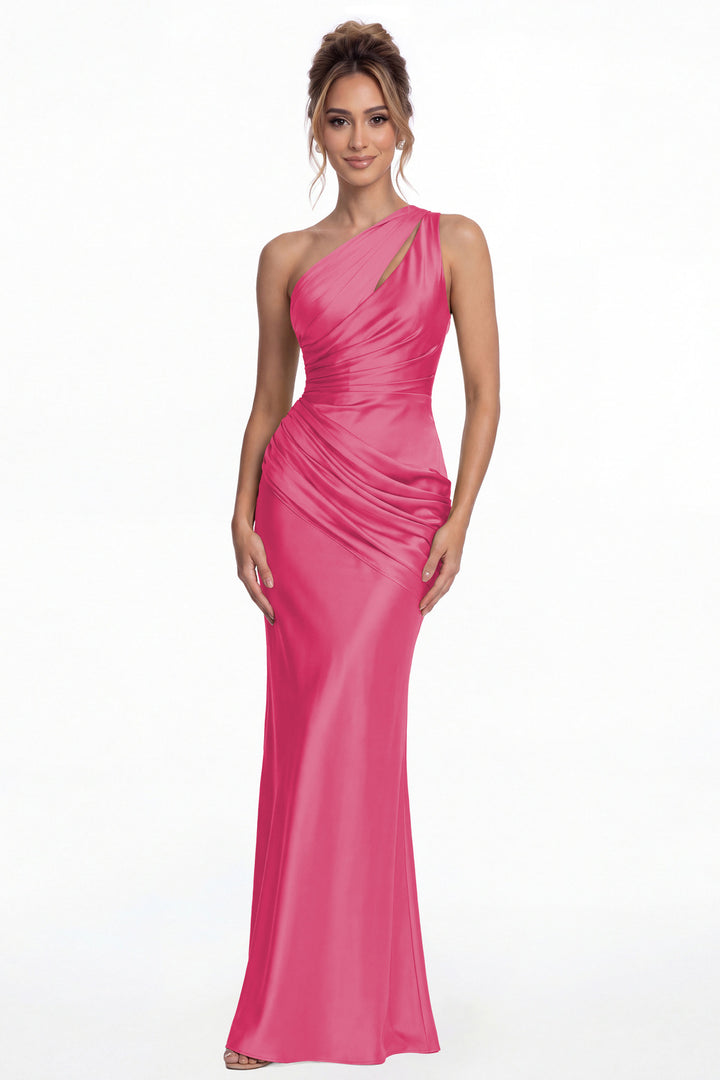 Hot Pink One Shoulder Ruched Satin Mermaid Maxi Gown - Front View