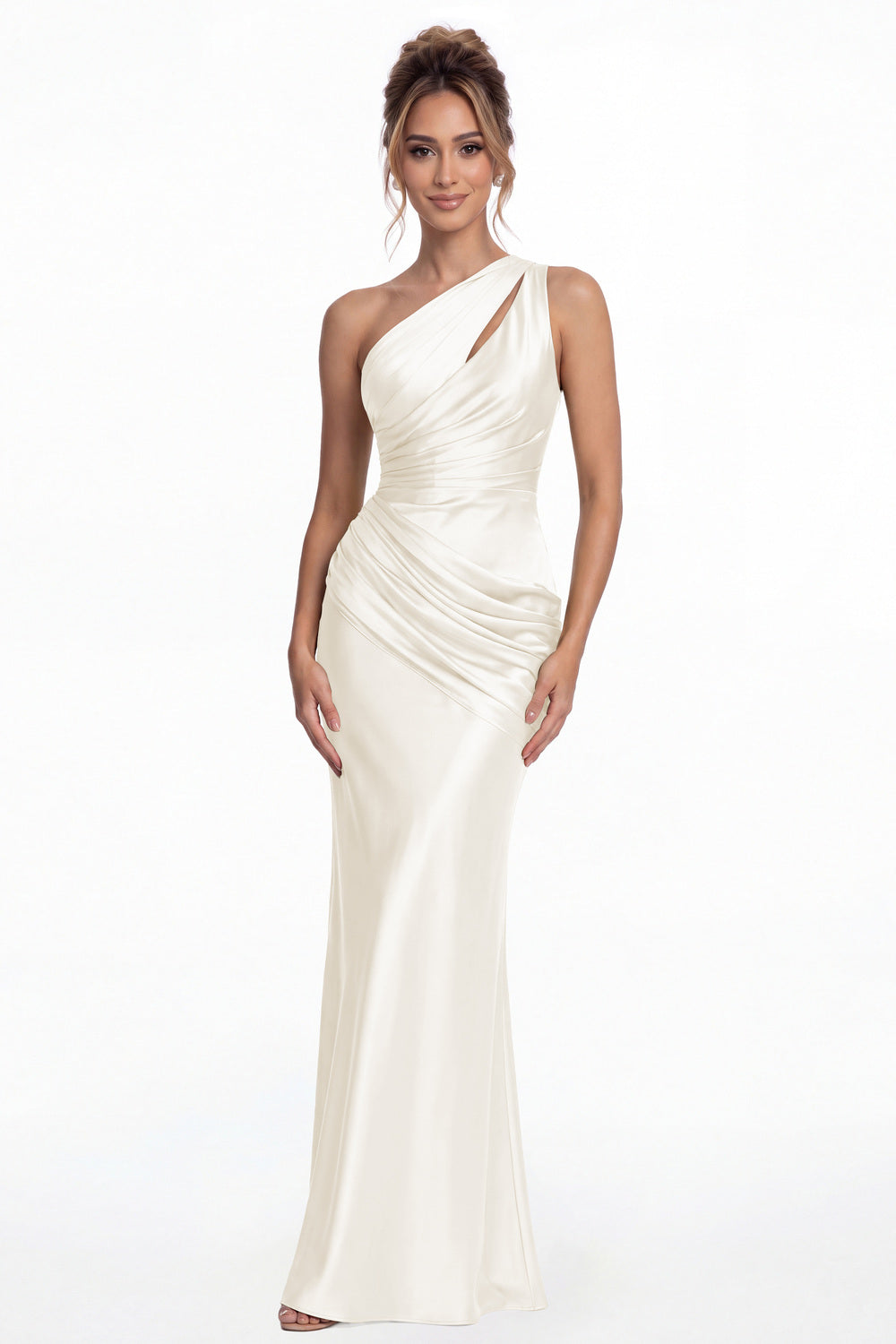 Ivory One Shoulder Ruched Satin Mermaid Maxi Gown - Front View