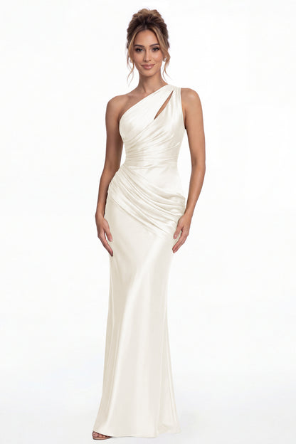 Ivory One Shoulder Ruched Satin Mermaid Maxi Gown - Front View