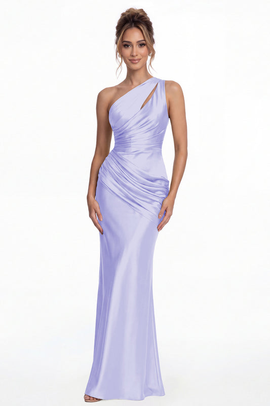 Lavender One Shoulder Ruched Satin Mermaid Maxi Gown - Front View