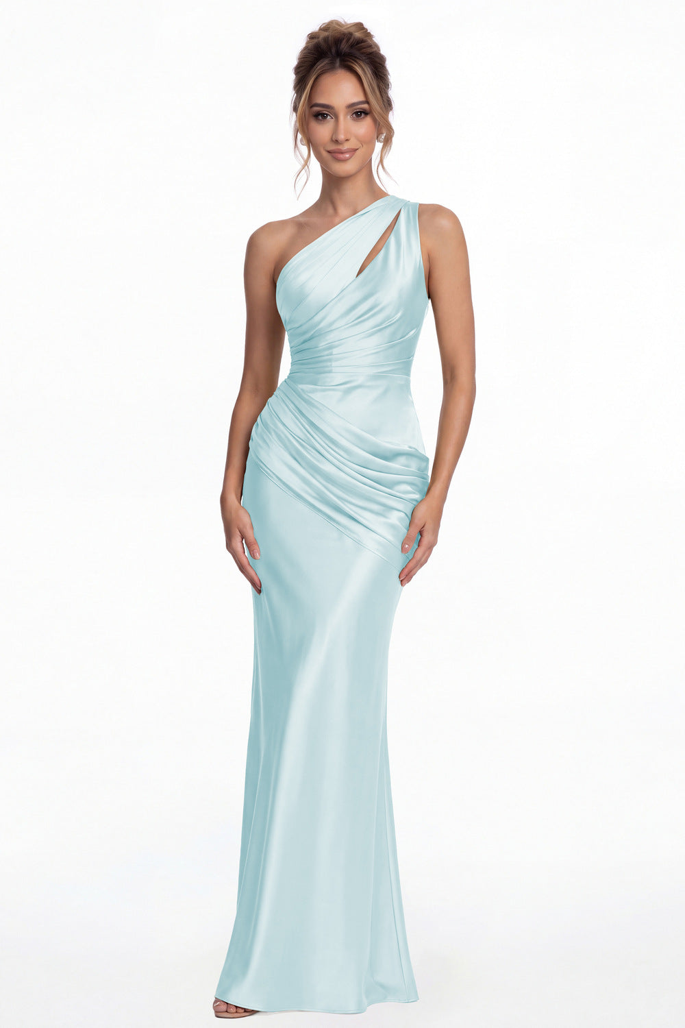 Light Blue One Shoulder Ruched Satin Mermaid Maxi Gown - Front View