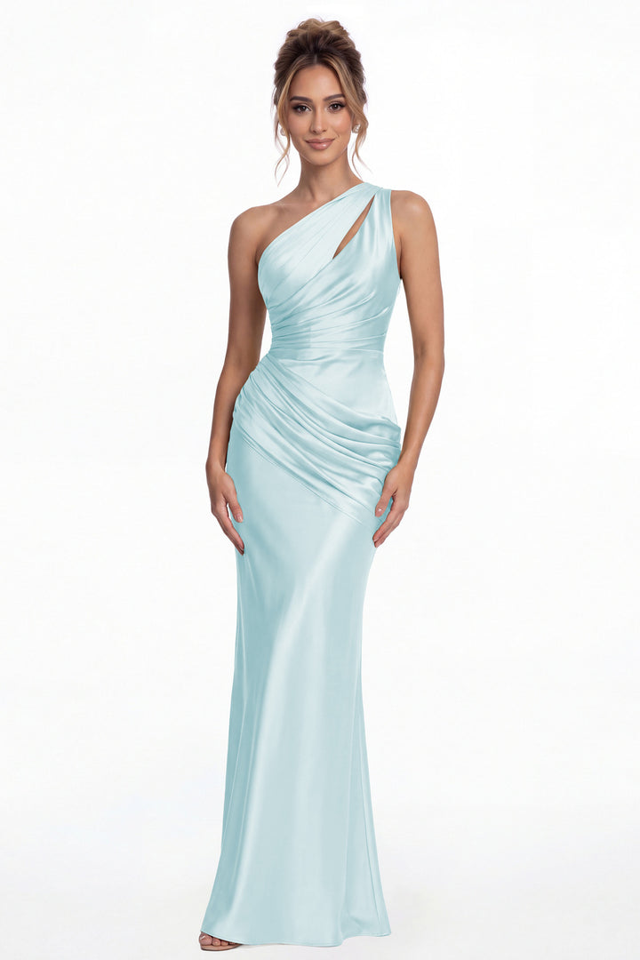 Light Blue One Shoulder Ruched Satin Mermaid Maxi Gown - Front View