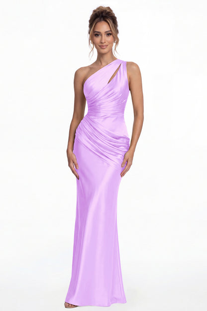 Lilac One Shoulder Ruched Satin Mermaid Maxi Gown - Front View
