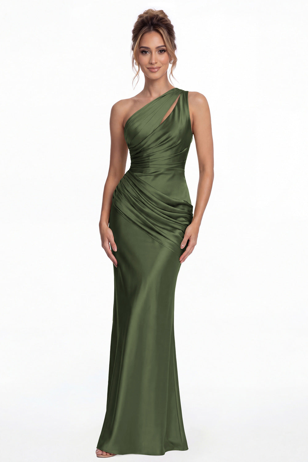 Moss Green One Shoulder Ruched Satin Mermaid Maxi Gown - Front View