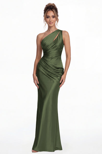 Moss Green One Shoulder Ruched Satin Mermaid Maxi Gown - Front View