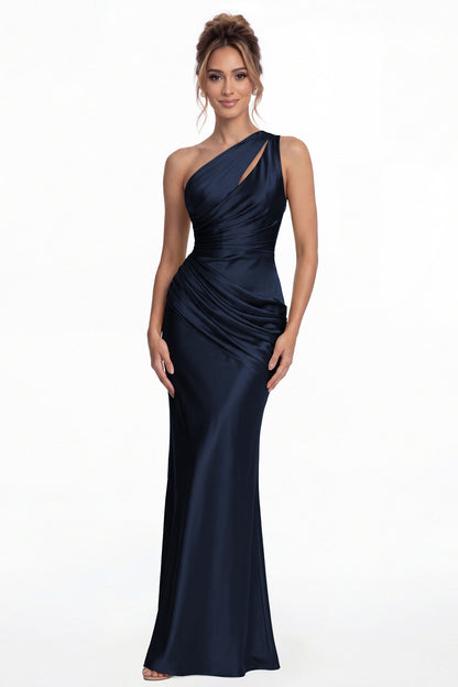 Navy Blue One Shoulder Ruched Satin Mermaid Maxi Gown - Front View