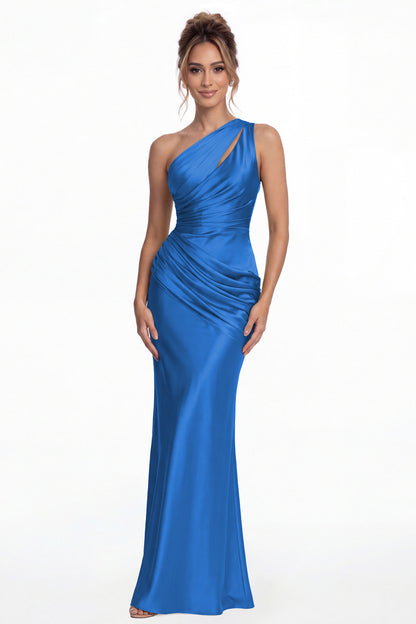 Ocean Blue One Shoulder Ruched Satin Mermaid Maxi Gown - Front View