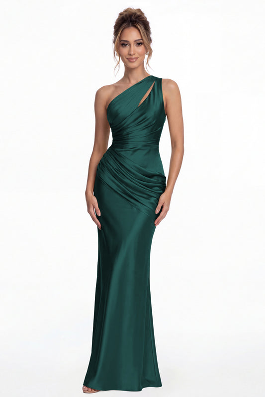 Peacock One Shoulder Ruched Satin Mermaid Maxi Gown - Front View