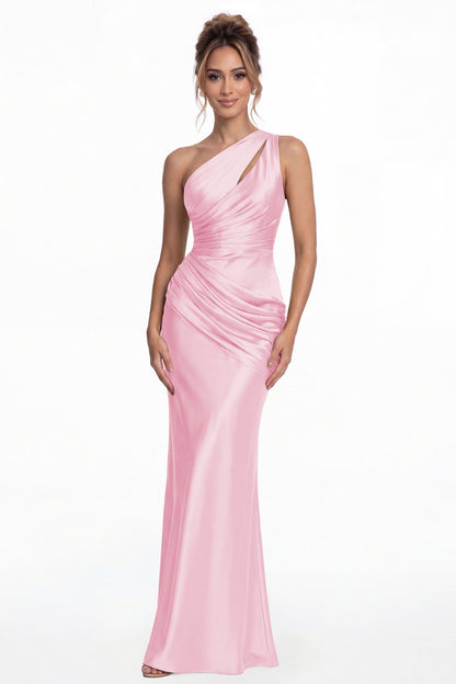 Pink One Shoulder Ruched Satin Mermaid Maxi Gown - Front View