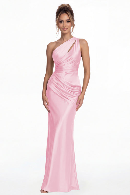 Pink One Shoulder Ruched Satin Mermaid Maxi Gown - Front View