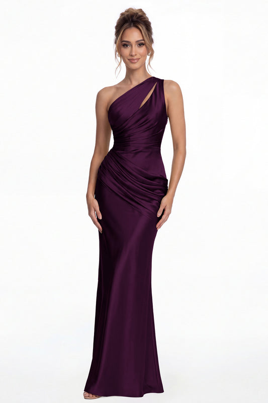 Plum One Shoulder Ruched Satin Mermaid Maxi Gown - Front View