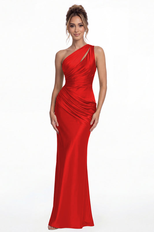 Red One Shoulder Ruched Satin Mermaid Maxi Gown - Front View