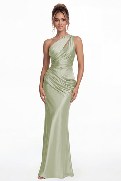 Sage Green One Shoulder Ruched Satin Mermaid Maxi Gown - Front View