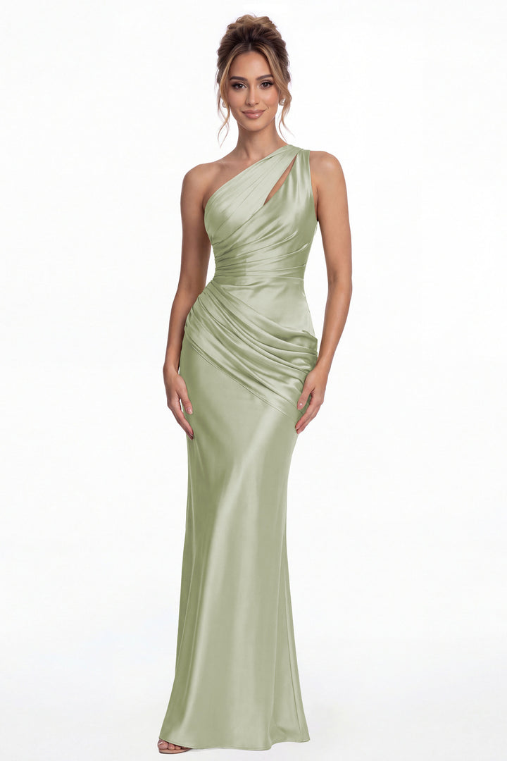 Sage Green One Shoulder Ruched Satin Mermaid Maxi Gown - Front View