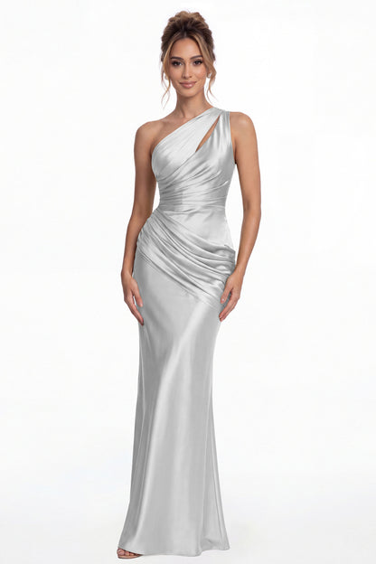 Silver One Shoulder Ruched Satin Mermaid Maxi Gown - Front View