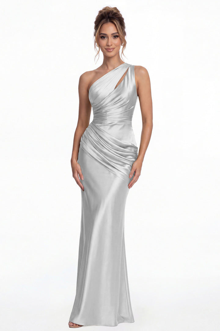 Silver One Shoulder Ruched Satin Mermaid Maxi Gown - Front View