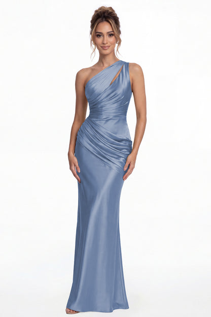 Steel Blue One Shoulder Ruched Satin Mermaid Maxi Gown - Front View