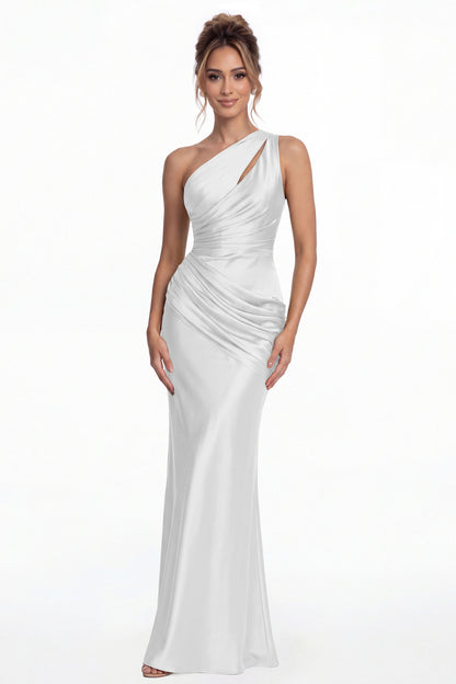 White One Shoulder Ruched Satin Mermaid Maxi Gown - Front View