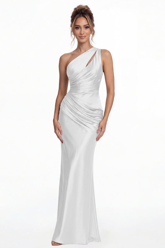 White One Shoulder Ruched Satin Mermaid Maxi Gown - Front View