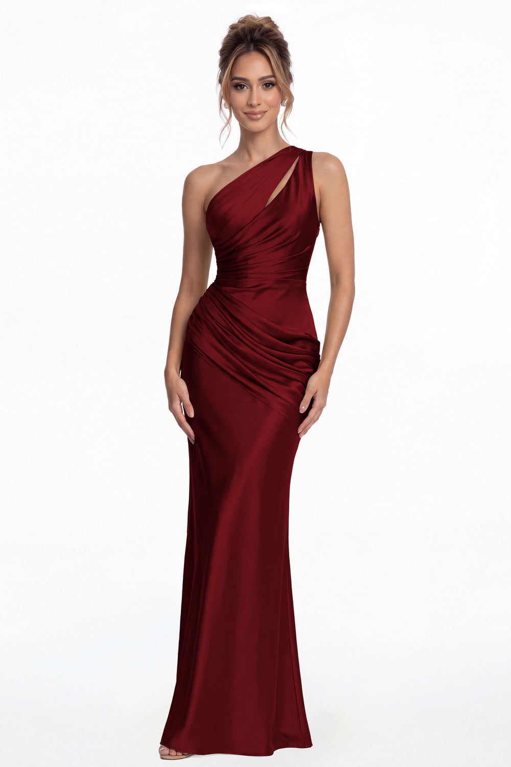 Wine Red One Shoulder Ruched Satin Mermaid Maxi Gown - Front View