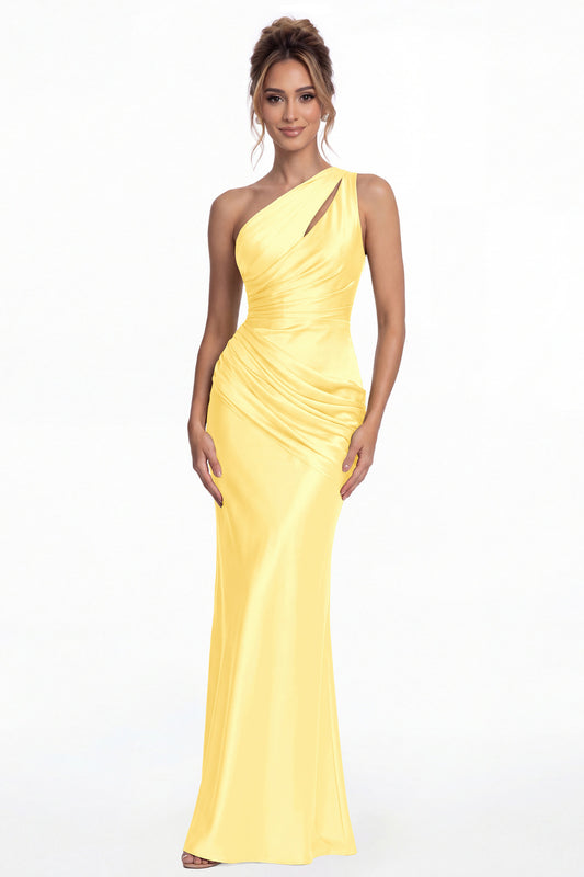 Yellow One Shoulder Ruched Satin Mermaid Maxi Gown - Front View