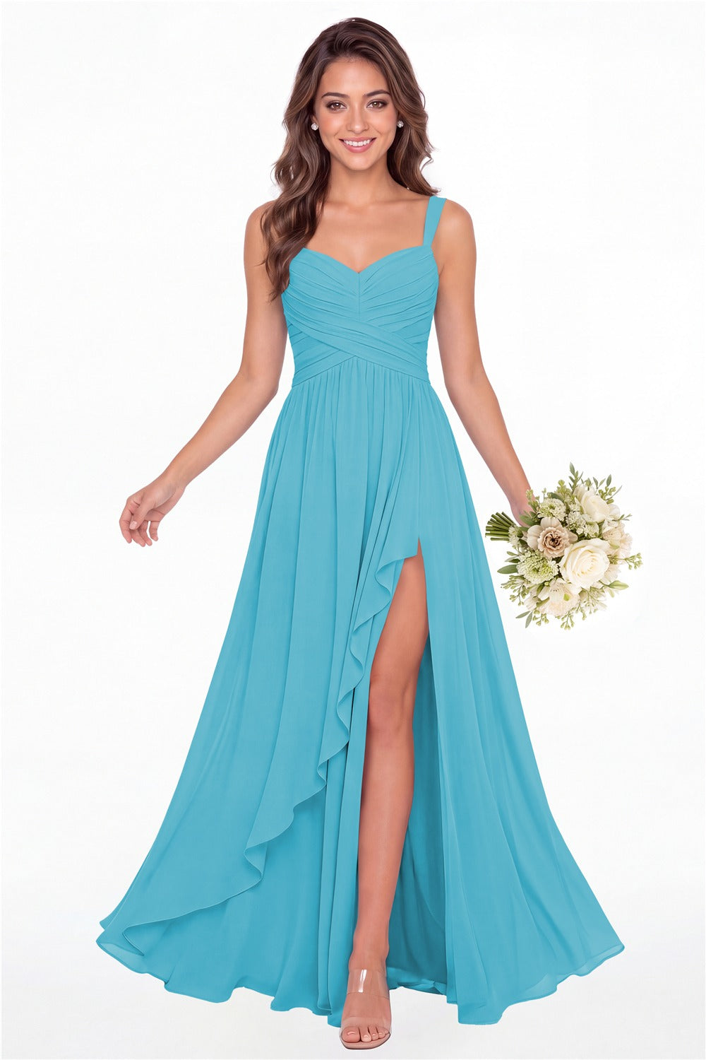 Aqua Blue Sweetheart Ruched Chiffon Ruffle Slit Maxi Gown - Front View