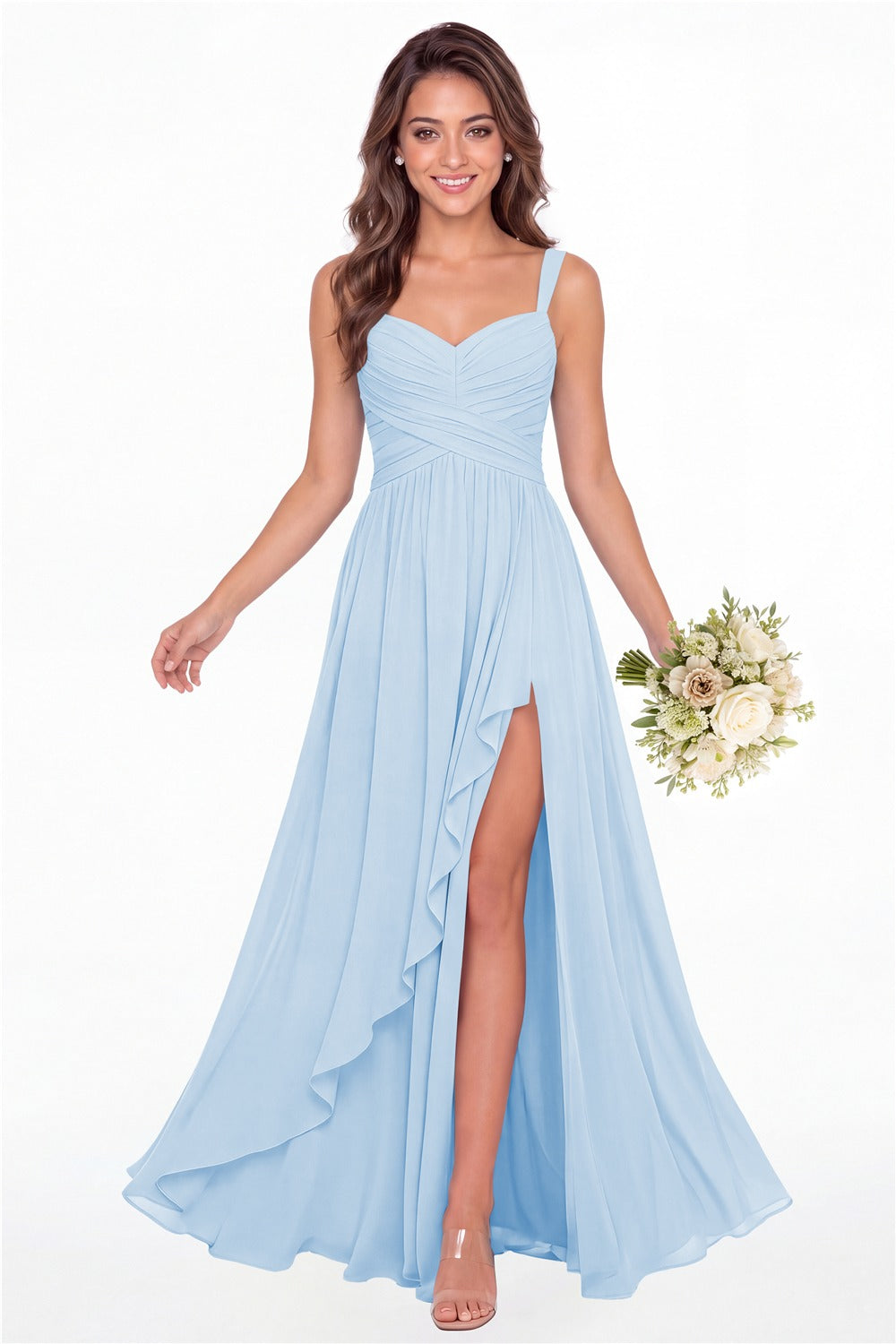Baby Blue Sweetheart Ruched Chiffon Ruffle Slit Maxi Gown - Front View