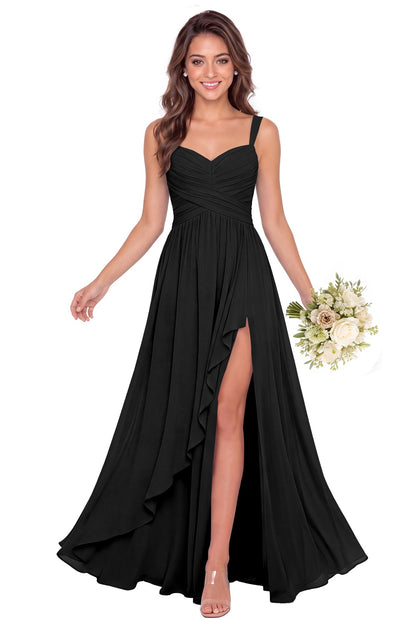 Black Sweetheart Ruched Chiffon Ruffle Slit Maxi Gown - Front View