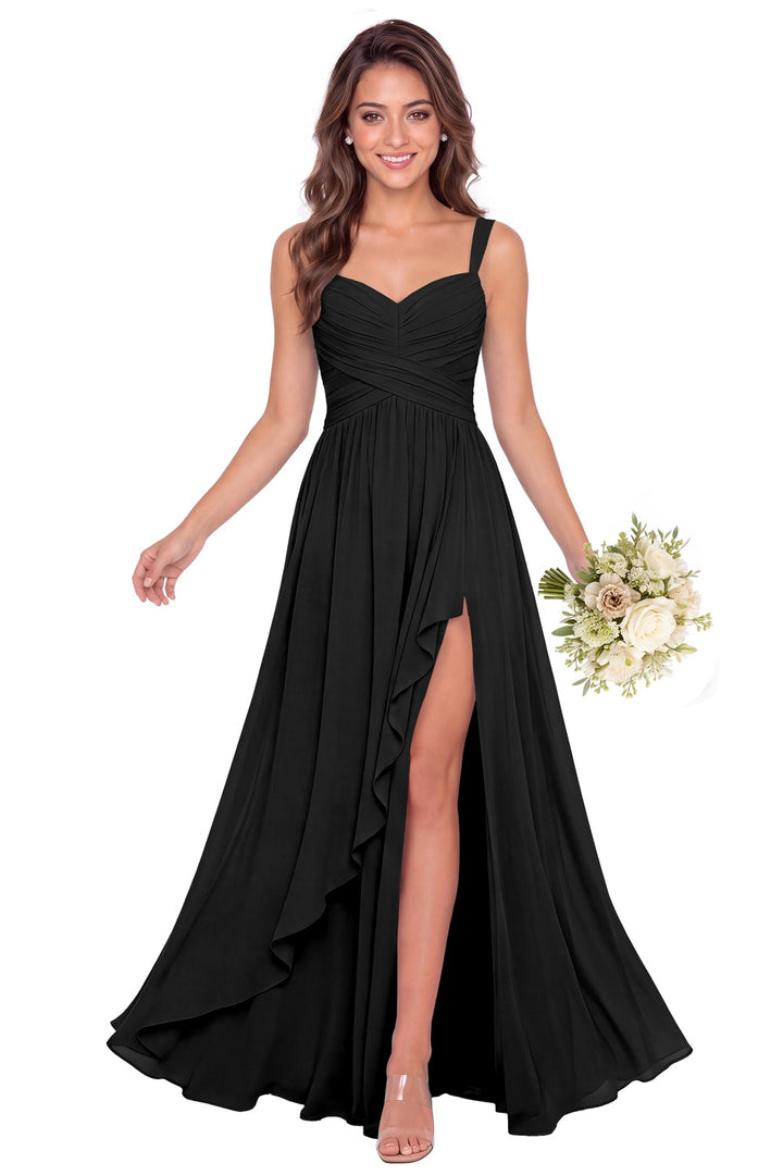 Black Sweetheart Ruched Chiffon Ruffle Slit Maxi Gown - Front View