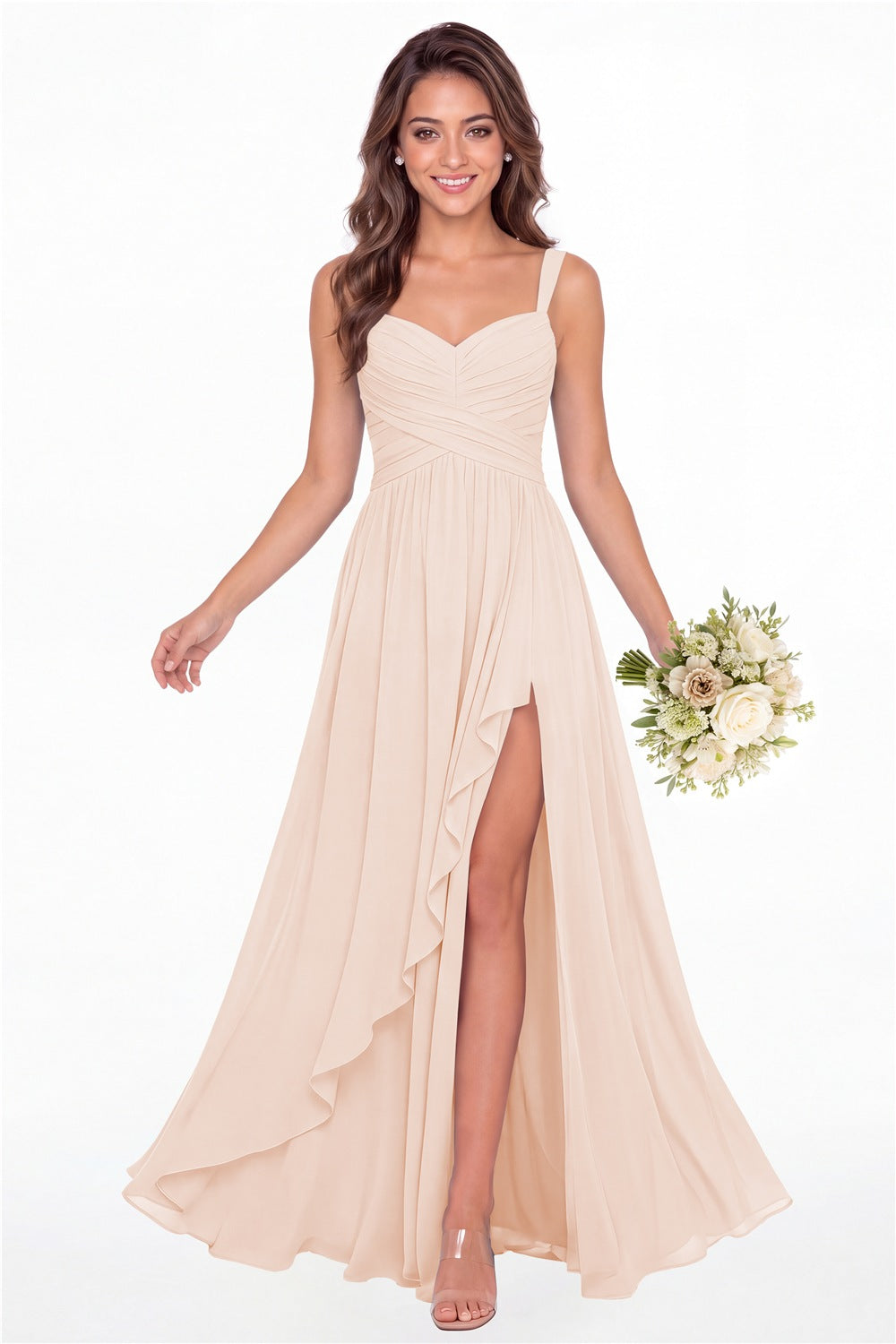 Blush Pink Sweetheart Ruched Chiffon Ruffle Slit Maxi Gown - Front View