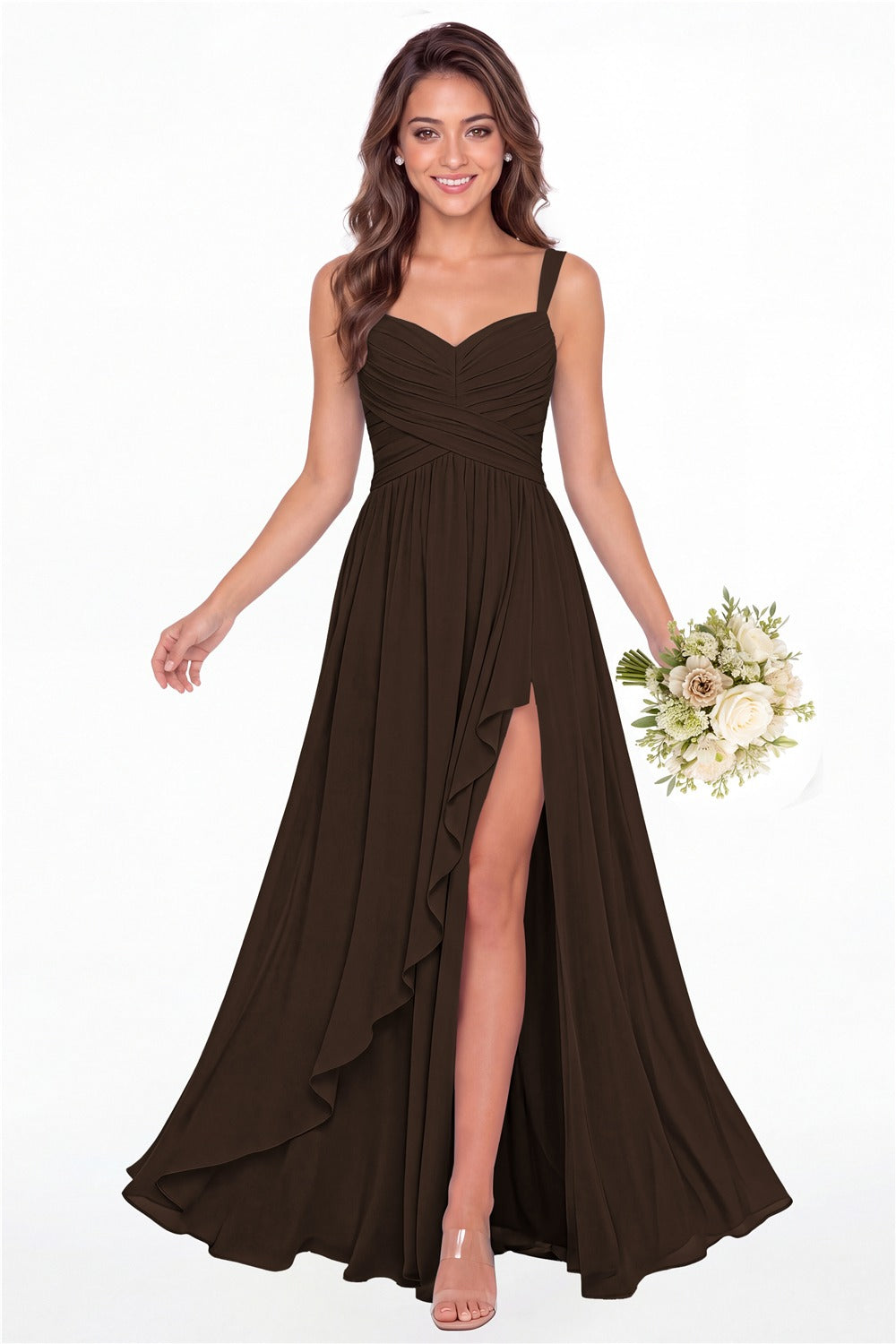 Brown Sweetheart Ruched Chiffon Ruffle Slit Maxi Gown - Front View