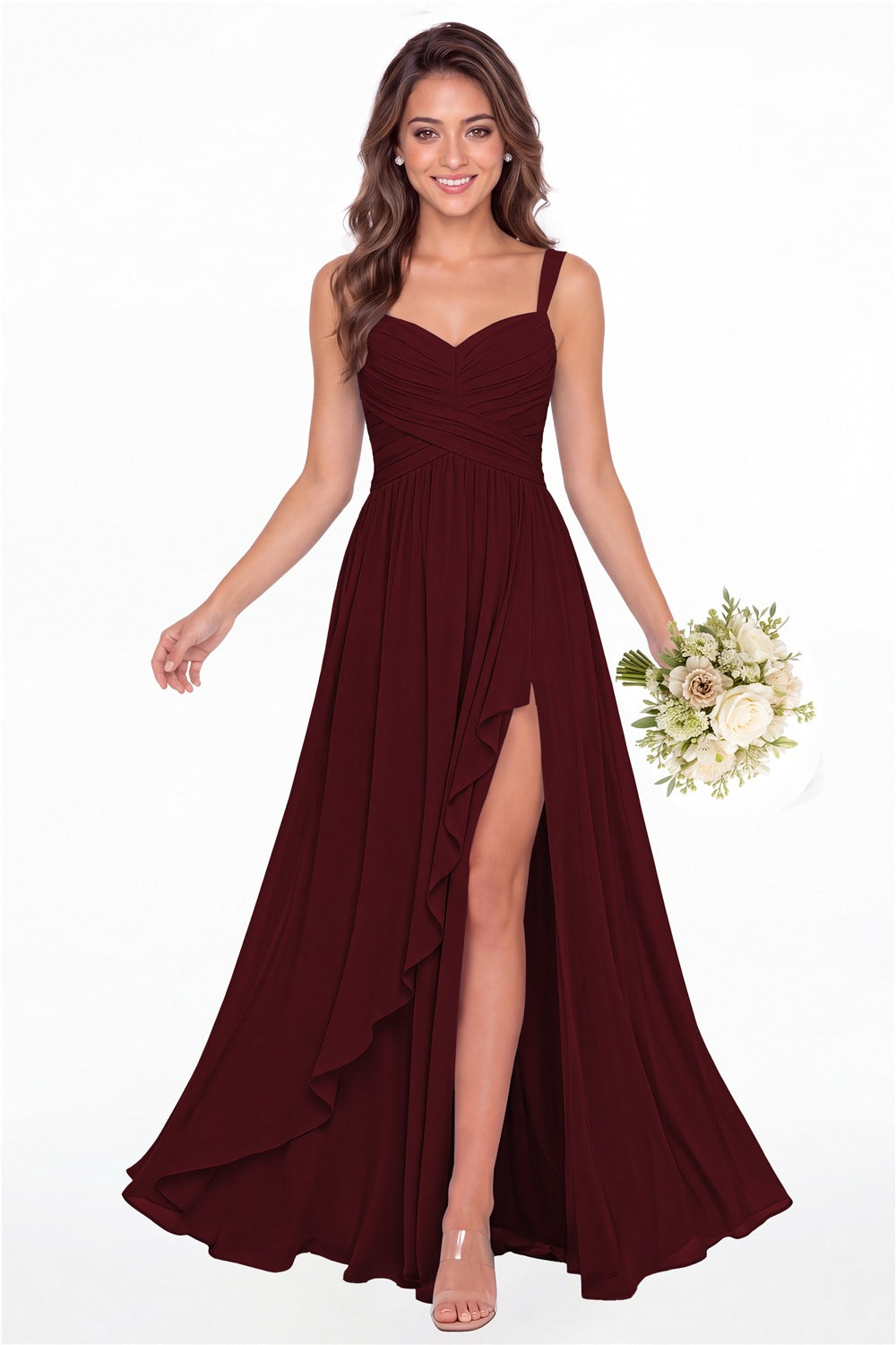 Burgundy Sweetheart Ruched Chiffon Ruffle Slit Maxi Gown - Front View