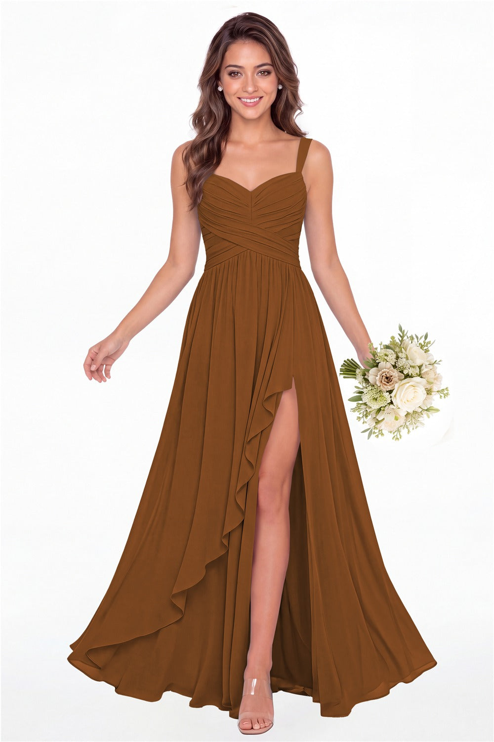 Burnt Orange Sweetheart Ruched Chiffon Ruffle Slit Maxi Gown - Front View