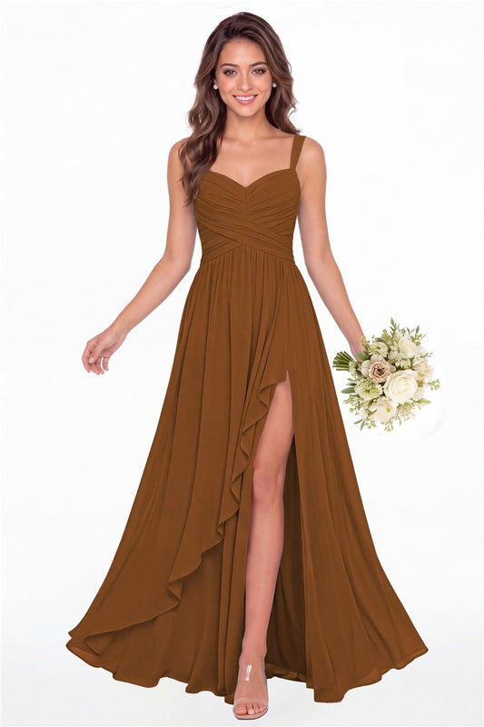Burnt Orange Sweetheart Ruched Chiffon Ruffle Slit Maxi Gown - Front View