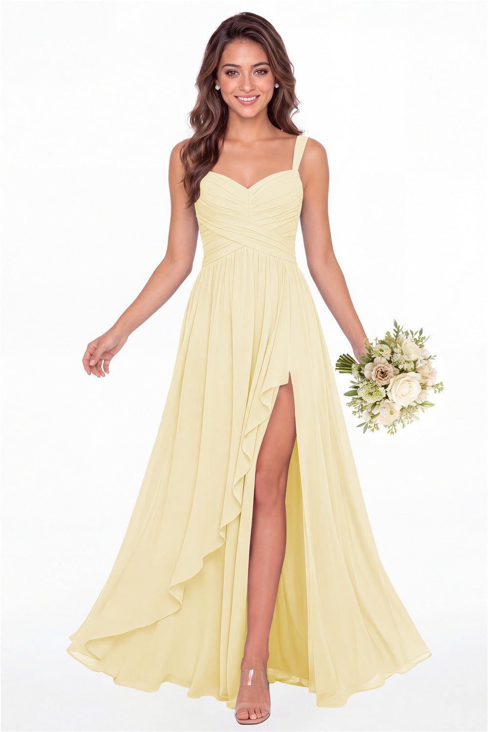 Butter Yellow Sweetheart Ruched Chiffon Ruffle Slit Maxi Gown - Front View