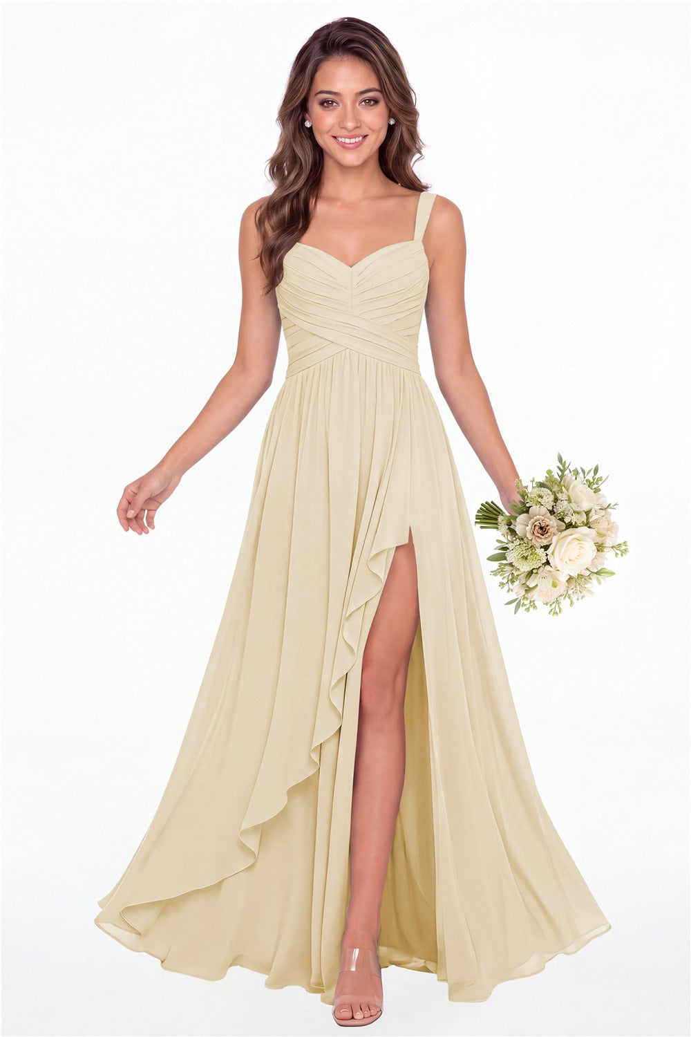Champagne Sweetheart Ruched Chiffon Ruffle Slit Maxi Gown - Front View