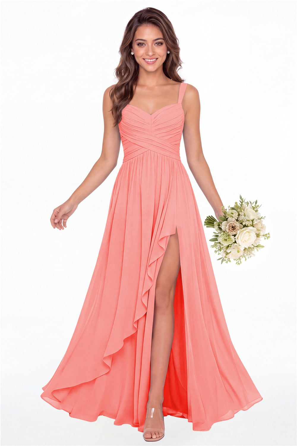 Coral Sweetheart Ruched Chiffon Ruffle Slit Maxi Gown - Front View