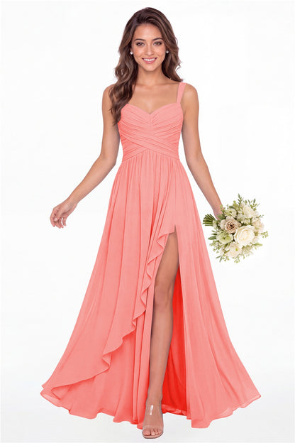 Coral Sweetheart Ruched Chiffon Ruffle Slit Maxi Gown - Front View
