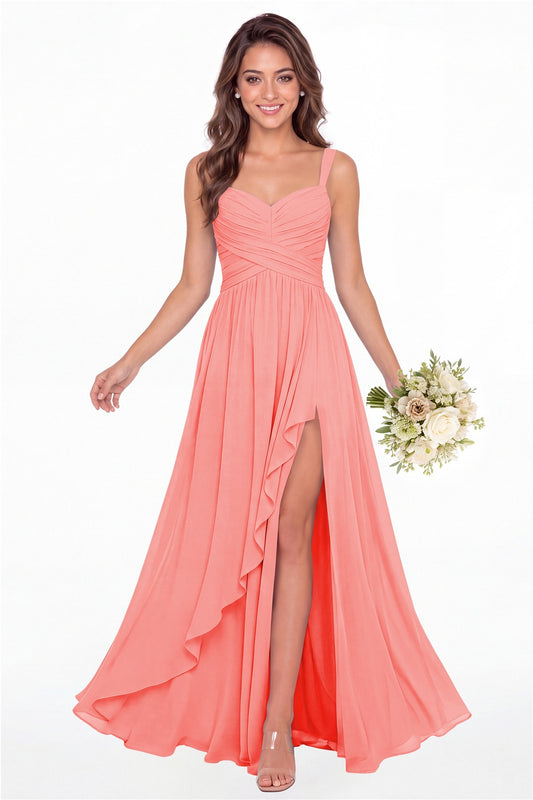 Coral Sweetheart Ruched Chiffon Ruffle Slit Maxi Gown - Front View