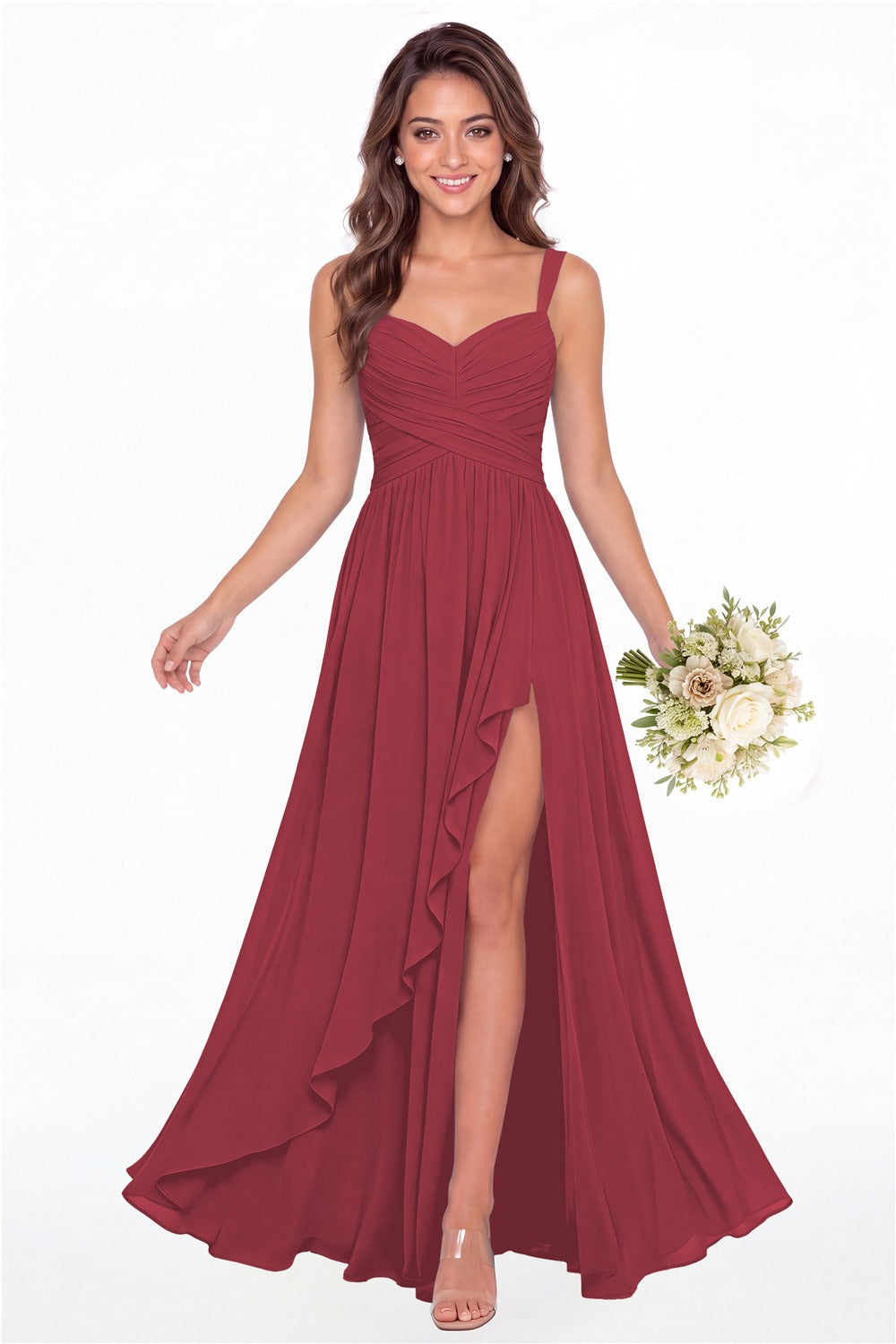 Desert Rose Sweetheart Ruched Chiffon Ruffle Slit Maxi Gown - Front View