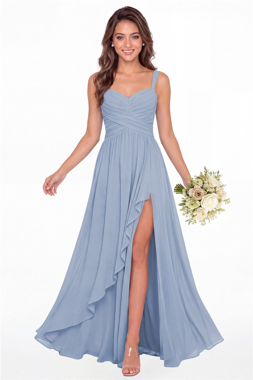 Dusty Blue Sweetheart Ruched Chiffon Ruffle Slit Maxi Gown - Front View