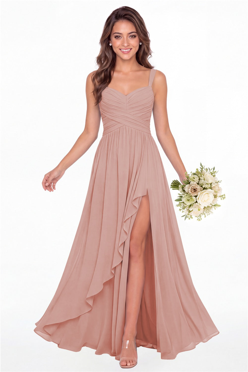 Dusty Rose Sweetheart Ruched Chiffon Ruffle Slit Maxi Gown - Front View