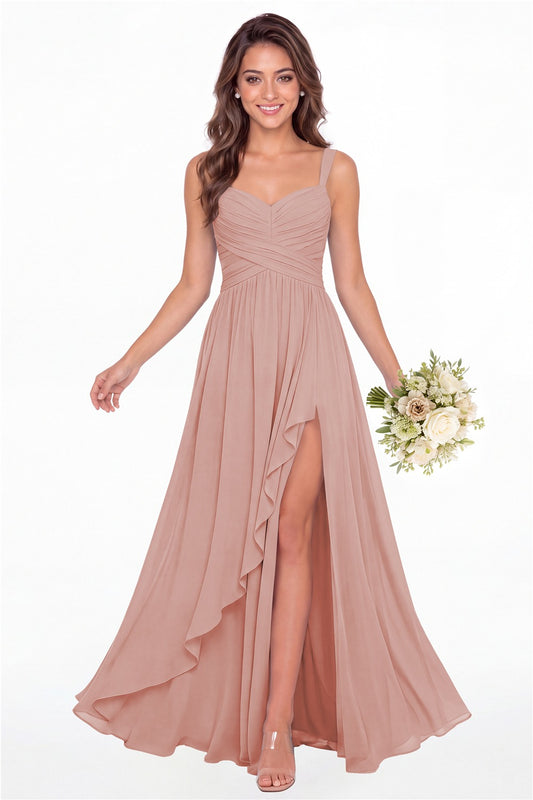 Dusty Rose Sweetheart Ruched Chiffon Ruffle Slit Maxi Gown - Front View