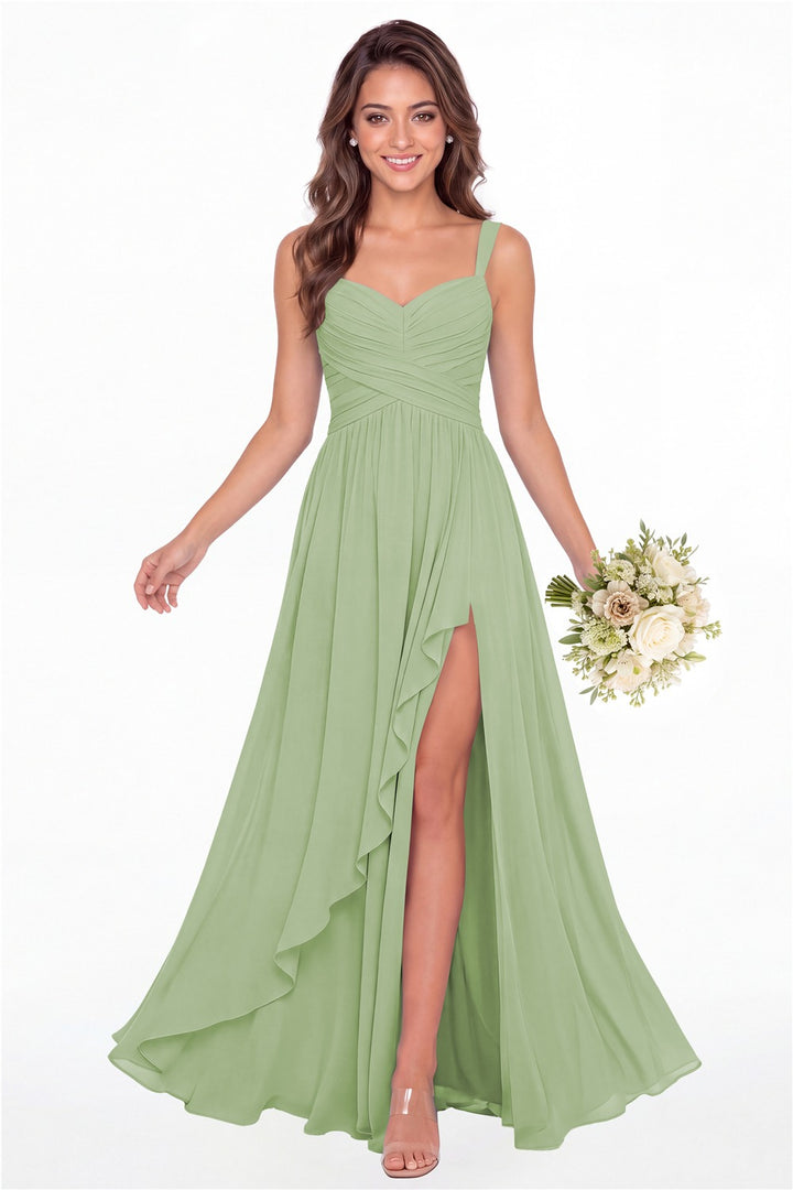 Dusty Sage Sweetheart Ruched Chiffon Ruffle Slit Maxi Gown - Front View